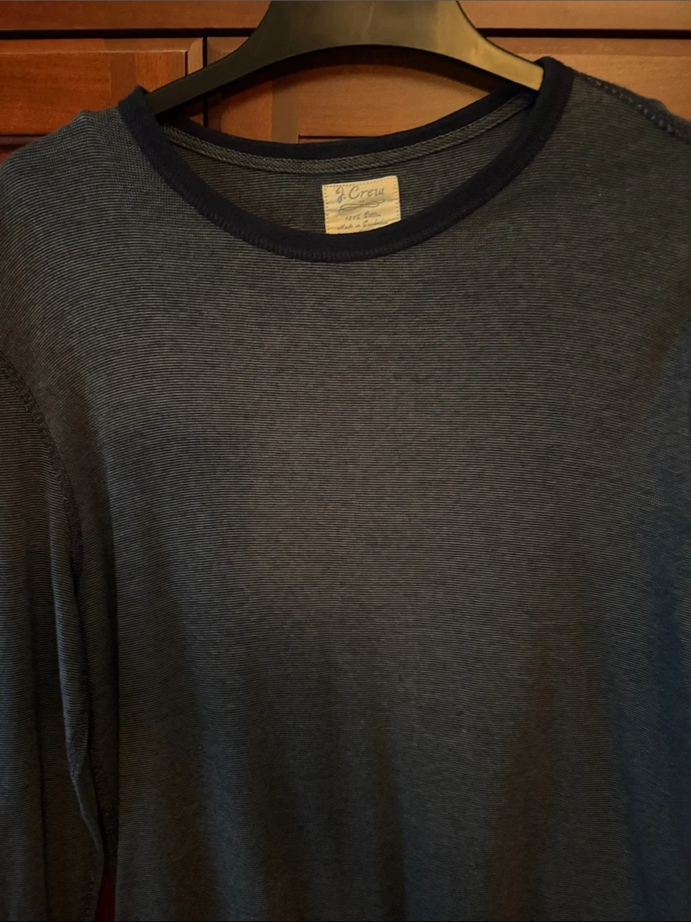 J. Crew Men’s Navy and Charcoal Thin-Striped Long Sleeve Crewneck